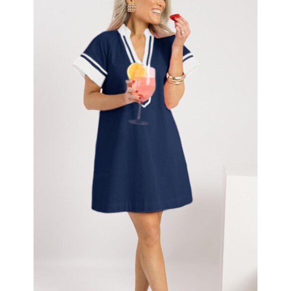 Linen Cotton Summer Dress Women Short Sleeve V Neck A-Line Mini with Pockets - Picture 5 of 5